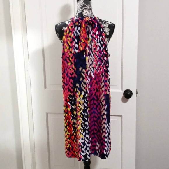 🌈Trina Turk🌈 - Juju Multicolor Geometric Print Halter Tie Knit Stretch Dress - Picture 2 of 12